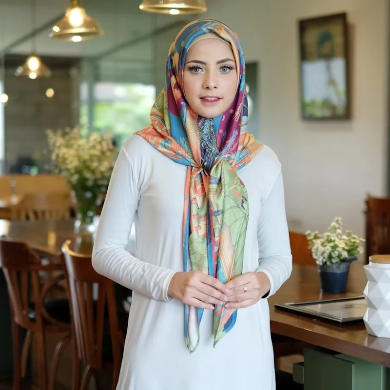 Woman wearing a colorful patterned hijab showcasing how hijab color impacts your look