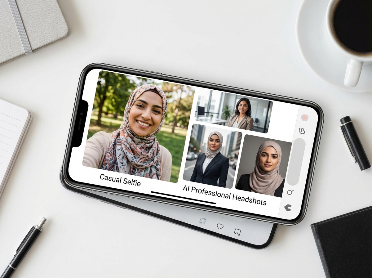 Wanita berhijab melihat hasil foto profesional AI di laptop