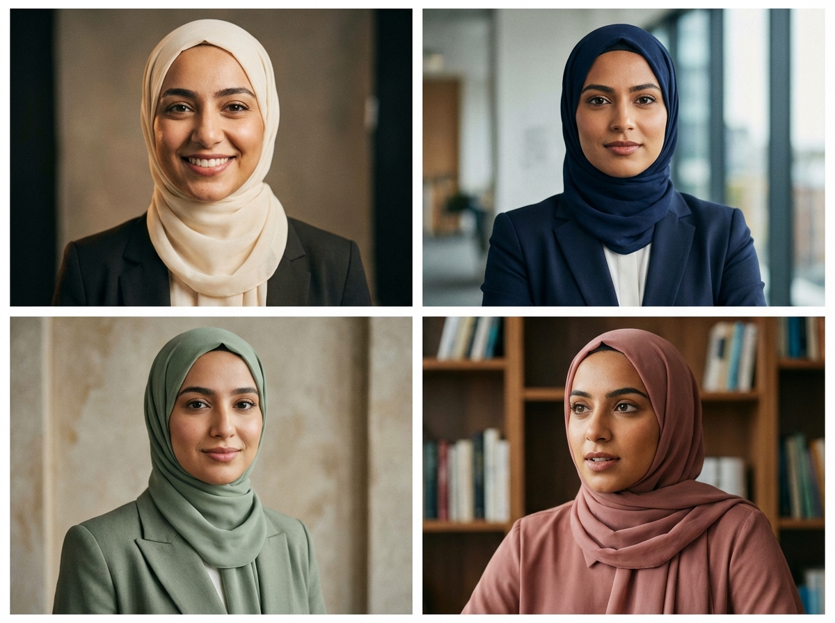 Wanita berhijab berpose untuk foto profesional dengan pencahayaan studio