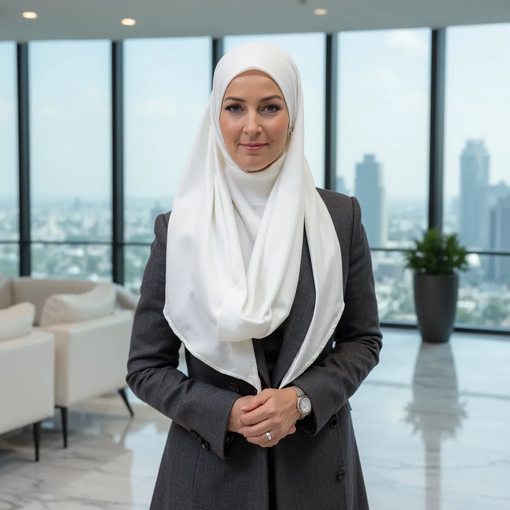 Professional hijab headshot with corporate blazer and neutral background