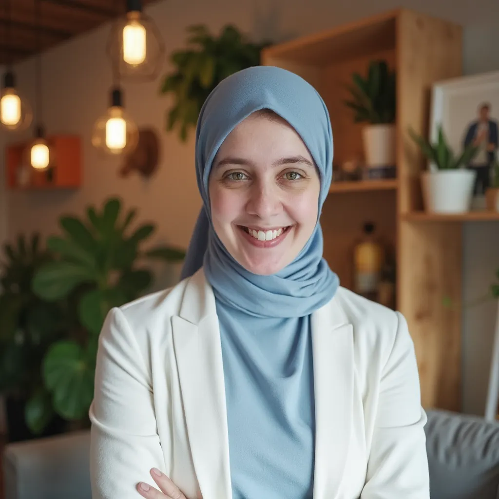 Business casual hijab headshot with office setting
