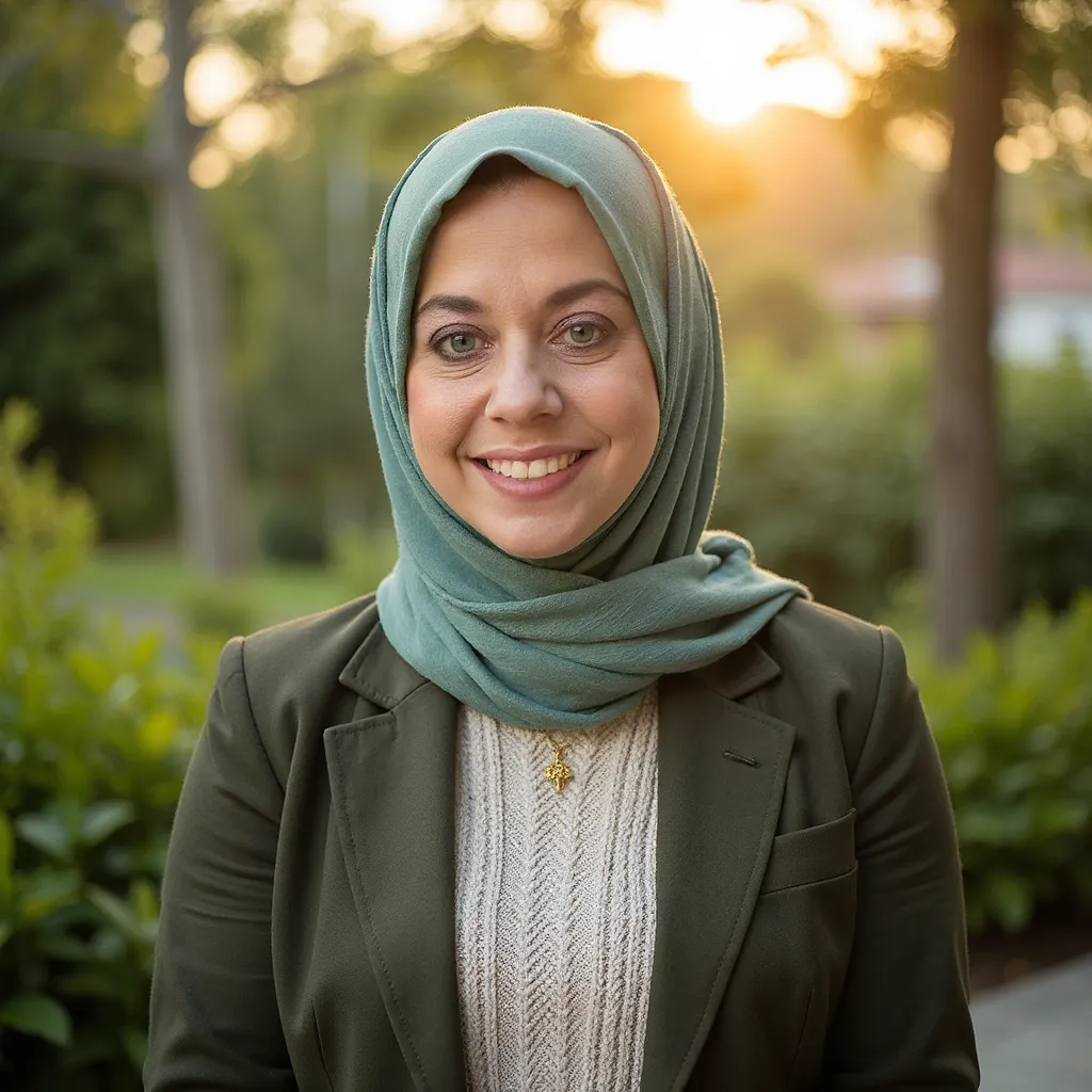 Financial professional hijab headshot with classic styling