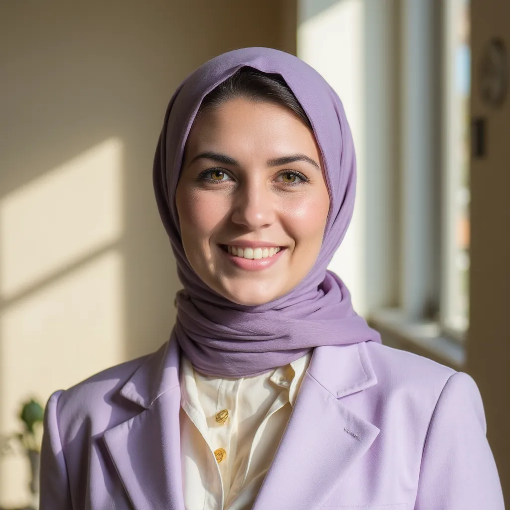 Natural hijab headshot with outdoor bokeh background
